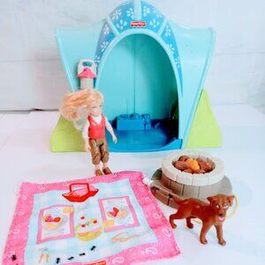 Fisher Price Loving Family Dollhouse Camping Tent Doll Dog Camping Fireplace